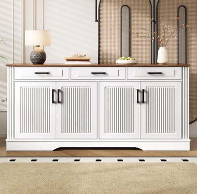 FloraGrace Dressoir - Verticale Ribbeldeuren Met 3 Lades En 4 Deuren - Voor Hal Woonkamer En Eetkamer - MDF - 160x40x75 Cm - Wit