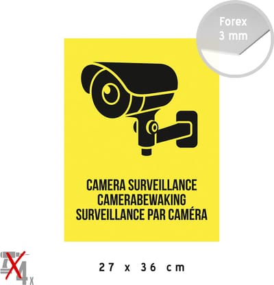 Pictogram/ bord | "Camera surveillance/ Camerabewaking/ Surveillance par caméra" | 27 x36 cm | 3 talen | Geel | Opvallend | CCTV | Bewaking | Security system | Alarm | Forex | 1 stuk