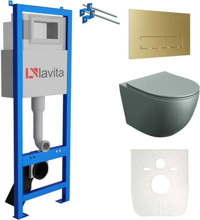 LAVITA® Inbouwreservoir Complete Toiletset LAV 101 - Inbouw WC Hangtoilet Wandcloset SINTO GREY Grijs Mat - Bedieningsplaat 200.3.5 Gouden - Voorwandelement voor toilet 40cm - Installatiesysteem