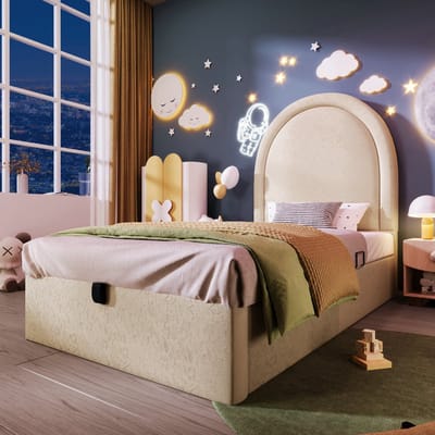 VVBV Gestoffeerd Eenpersoonsbed 90x200 cm met Voor Kinderen/Tieners - PU-leer Beige - Zonder Matras