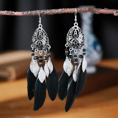 Boheemse Veer Lange Oorbellen Voor Vrouwen Vintage Geometrisch Handgemaakt Kristallen Kralen Bruiloft Druppel Hangend Boho Meisjes Oorsieraden gray