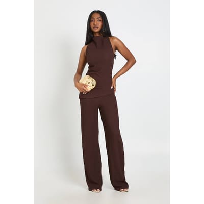 boohoo Dames Gestructureerde Jumpsuit Met Waterval Halslijn En Dubbele Laag | Chocoladebruin | Maat: 44