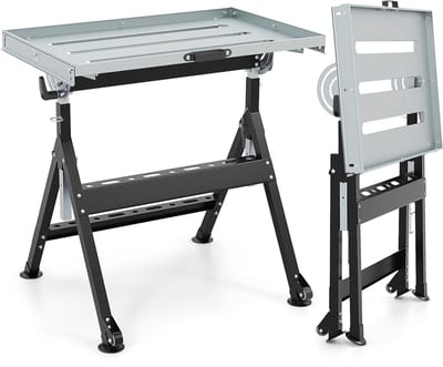 COSTWAY Mobiele lastafel, inklapbaar, werktafel met 4 instelbare hoogtes en hoekaanduidingen, 2 wielen, 3 sleuven, 2 gereedschapsplanken, werkbank tot 180 kg belastbaar
