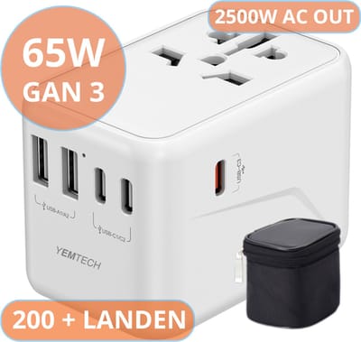 Yemtech® Wereldstekker 65W GaN3 – Reisadapter met 3x USB-C & 2x USB-A – Voor 200+ Landen – Snellader voor Laptop, MacBook, iPhone & Android – Incl. Tasje