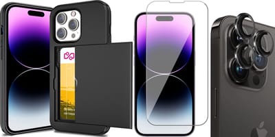 Hoesje met Pasjeshouder geschikt voor iPhone 15 Pro - Screenprotector GlassGuard & Camera Lens Screen Protector Zwart - Back Cover SlideCase Zwart