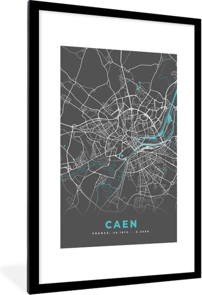 Fotolijst incl. Poster - Caen - Frankrijk - Kaart - Stadskaart - Plattegrond - 80x120 cm - Posterlijst