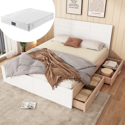 Tweepersoonsbed, houten bedframe 140×200 cm, met 2 lades, modern bed, inclusief bedframe en lattenbodem - 207×80×145 cm (lengte×hoogte×breedte), eiken/witte set (matras inbegrepen).