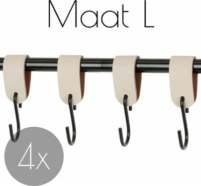 4x Leren S-haak hangers - Handles and more® | CREME - maat L (Leren S-haken - S haken - handdoekkaakje - kapstokhaak - ophanghaken)