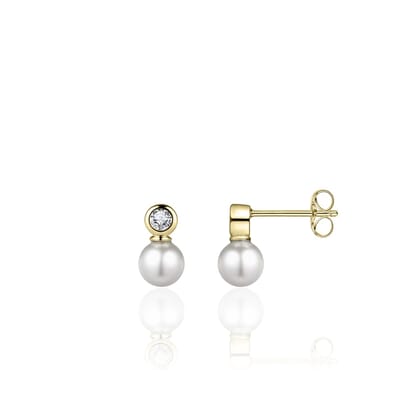 Jewels Inc. - Oorbellen - Parel Oorstekers gezet met Zirkonia in Gladzetting - 10mm x 6mm - Geelgoud Verguld Zilver 925