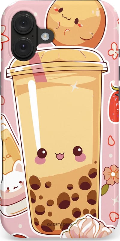 Casetastic hoesje geschikt voor Apple iPhone 16 Plus - MagSafe - Dubbellaagse bescherming - Kawaii Thee Design - Bubble Tea - Fashion Case - Lichtroze Beige Perzik Lichtgrijs