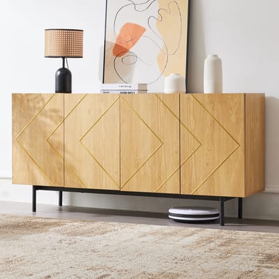 DESMIU Dressoir - Grifloos Design Met 4 Deuren En Verstelbare Planken - Voor Woonkamer En Eetkamer - Spaanplaat - 160x40x78 Cm - Naturel