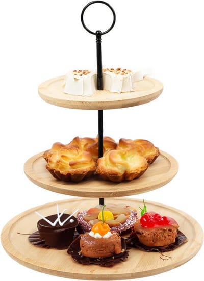 Excellent Houseware Etagere bamboe hout - 3-laags - presenteer/serveer schalen - D28 x H40 cm - high tea