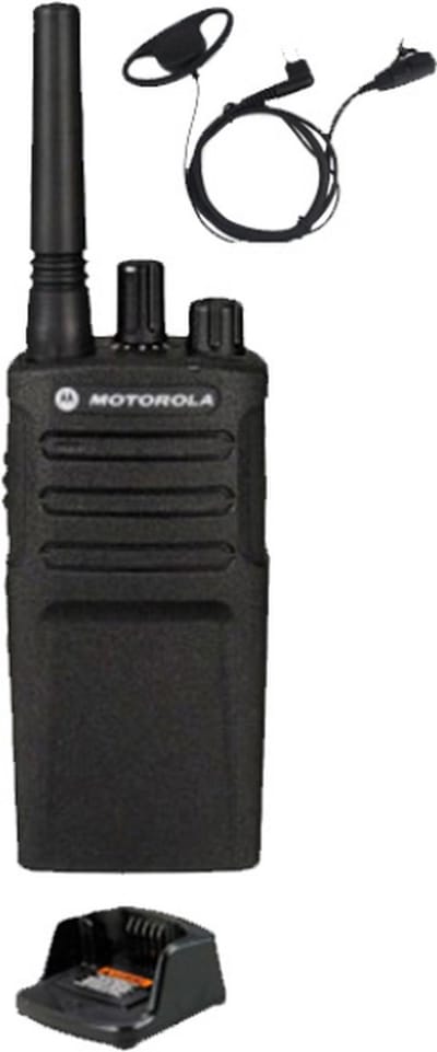 Motorola XT420 UHF IP55 PMR446 Portofoon met tafellader en D-shape oortje M1 2-Pins