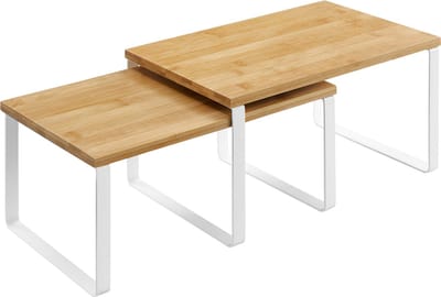 Hoppa! Kruidenrek, set van 2, keukenplank, keukenorganiser, uitbreidbaar, kruidenhouder, stapelbaar, gemaakt van metaal en bamboe, wit-naturel