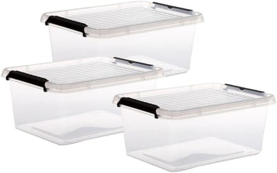 5Five opberg kist met deksel - 3x - Clip Box - 12,5 liter - 39 x 29 x 17 cm - kunststof - transparant