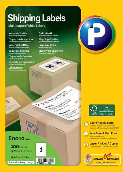 Printec Verzendetiketten - 100 Vel - 210x297mm - 1 Label per A4 - 100 Stickers