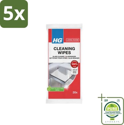 5 x HG - Woonkamer - Glasreinigingsdoekjes - Reinigt Streeploos - 20 Doekjes - Grootverpakking - Glasreiniging - Streeploos Schoon - Spiegelreiniger - Schoonmaakdoekjes - Biologisch Afbreekbaar