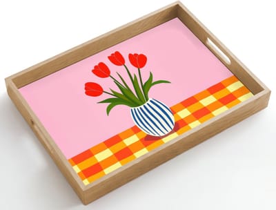 Dienblad hout 50x35 cm - Schootdienblad - Tulpen - Roze - Vaas - Borrelplank rechthoek - Plateau dienbladen