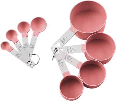 Set van 8 Maatlepels en 4 Maatbekers met RVS Handvat voor Keuken, Bakken en Koken van Vloeibare Ingrediënten (Roze)