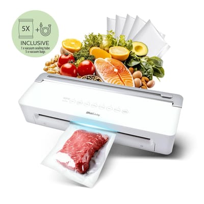 AddLiving V300 Vacuümmachine - Vacuum Sealer - Droog & Nat voedsel (Groente, Fruit, Vlees, Vis, Noten, Verse kruiden, Babyvoeding) - Vacumeermachine met touchpanel - incl. Slangaansluiting/ 5 st Vacuümzakken - Wit