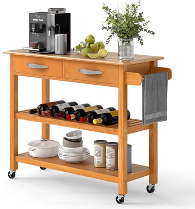 COSTWAY Keukenwagen, hout, keukenkast met wieltjes, rolwagen met werkblad, 2 laden, 2 open planken en handdoekhouder, serveerwagen voor eetkamer en keuken, 116 x 43 x 89 cm (natuur)