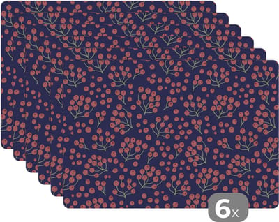 Placemat - Placemats kunststof - Patronen - Bessen - Rood - 45x30 cm - 6 stuks - Hittebestendig - Anti-Slip - Onderlegger - Afneembaar