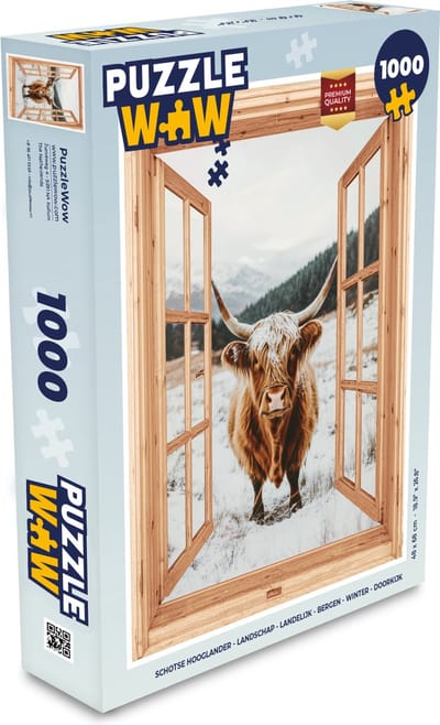 Puzzel Schotse Hooglander - Landschap - Landelijk - Bergen - Winter - Doorkijk - Legpuzzel - Puzzel 1000 stukjes volwassenen
