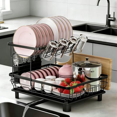 Dailygoods - Afdruiprek voor servies, 2-traps afdruiprek met afdruipmat, roestvrij staal, afdruiprek met bekerhouder, afdruipbak, gebruiksvoorwerpenhouder en draaibare uitloop