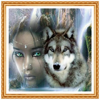 Peinture de diamant 5D à faire soi-même, fille et le loup, broderie complète de diamant, décoration de croix, Kit cadeaux ronds 20X30CM gray