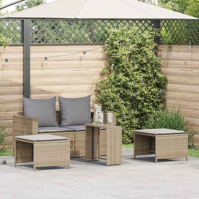 vidaXL - 5-delige - Tuinbankstel - met - kussens - stapelbaar - beige - poly - rattan