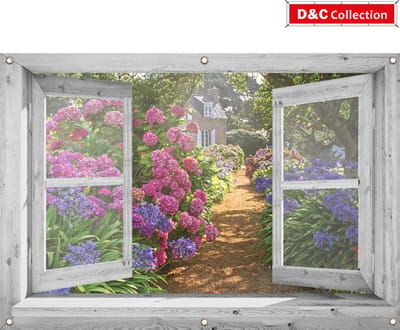 Tuinposter - 130x95 cm - doorkijk - openslaand wit venster - hortensia tuin- tuindoek - schuttingposter - tuindecoratie
