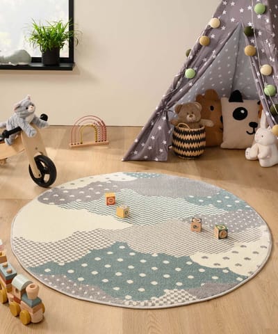 Rond kindervloerkleed wolk - Magic blauw/grijs 120