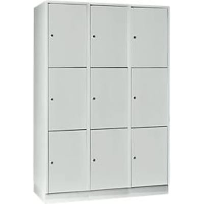 Vakkenkast 400 mm, 3 compartimenten, 9 vakken, veiligheidscilinderslot, sokkel, lichtgrijs