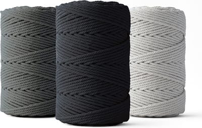 Ledent macramé touw, (2mm, 3 x 70M), set van 3, dubbel getwist - 100% geregenereerd katoenkoord - Macramé touw in grafiet, zwart & muisgrijs om mee te knutselen.