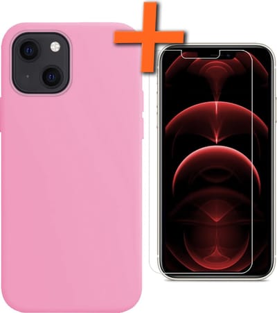 Hoes - Met Screenprotector - Geschikt voor Apple iPhone 13 Mini - Sterk & Shockproof - Back Cover - Siliconen Case - Telefoon Hoes - Lichtroze