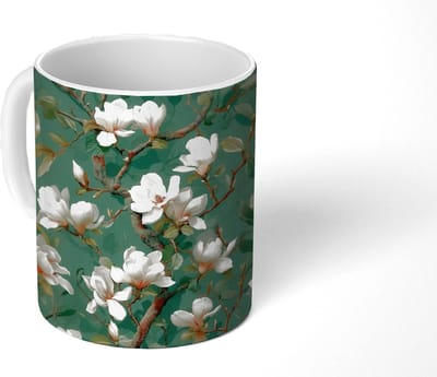 Mok - Koffiemok - Bloemen - Takken - Wit - Klassiek - Mokken - 350 ML - Beker - Koffiemokken - Theemok