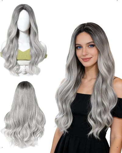 Natuurlijke Lange Wavy Haarstuk voor Dames, Hoogwaardige Synthetische Perucen, Realistische Grijze Wavy Look voor Dagelijks Gebruik en Cosplay, 70cm Lang