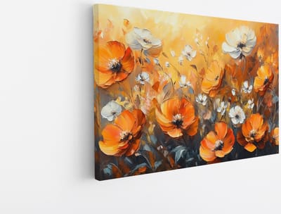 Saammp Canvas Schilderij - Oranje en witte bloemen - Natuur - Abstract - 45x30 - Foto op canvas - Wanddecoratie - Muurdecoratie Woonkamer - Woonkamer Decoratie
