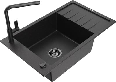 Mexen Elias granieten gootsteen 1-kamer met afdruiprek en keukenkraan Flora, zwart/zilver metallic - 6511-73-670401-70-B