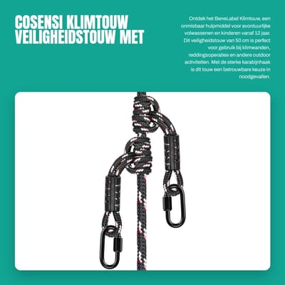 Dailygoods- Klimtouw 50 cm - Veiligheidstouw met Karabijnhaak - Set van 2 - Voor Binnen/Buiten - Geschikt voor Kinderen - Hoogwaardig Polyester