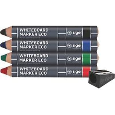 SIGEL boardmarkerset BA013, 4-delig, voor whiteboards/glas-magneetborden/flipcharts, conisch, lijndikte 1-5 mm, met puntenslijper, geassorteerde kleuren