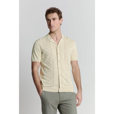 No Excess Pullover Short Sleeve Full Button Polo Solid Jacquard Cement Size: M | Casual Shirts Outlet | Heren | Beige