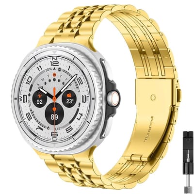 Stravo 7-rij schakels metalen bandje – Geschikt voor Samsung Galaxy Watch 9 (40/44mm) / Watch 8 (40/44mm) / 8 Classic (46mm) – Premium RVS horlogeband voor Samsung smartwatches – inclusief inkortset (Goud)