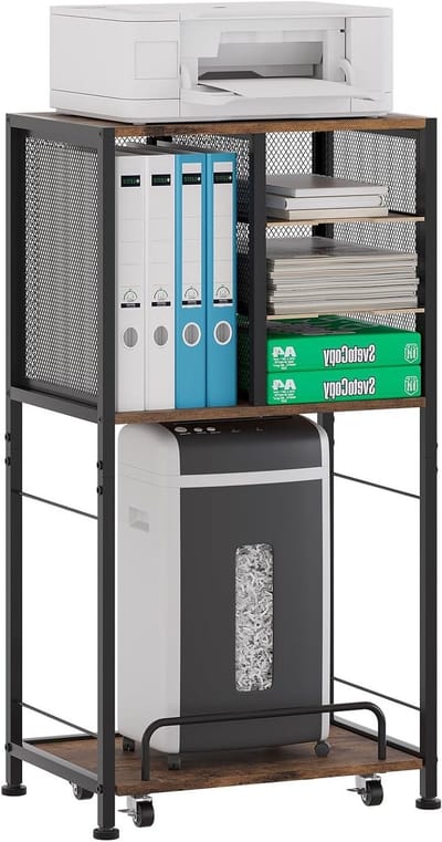 Printerstandaard met 4 Compartimenten van Metaal en Hout, A4 Formaat, Verstelbare Uittrekbare Plank voor Copier en Scanner, Bruin