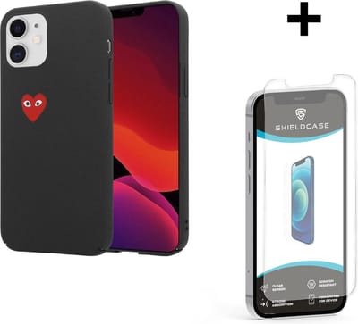 ShieldCase Hoesje met hartje geschikt voor Apple iPhone 12 / 12 Pro - 6.1 inch + glazen Screen Protector - zwart hoesje met rood hartje