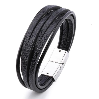 Armband Heren - Zwart Leer met Stalen Sluiting - Leren Armbanden - Papa Cadeau Voor Mannen - Vaderdag