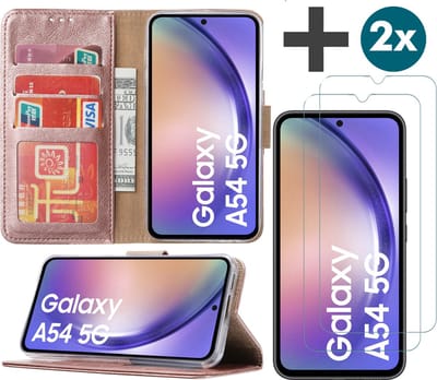 Samsung Galaxy A54 (5G) hoesje - bookcase met pasjeshouder + 2x Screenprotector tempered glass - Rosegoud