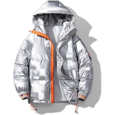 Katoenen jas met capuchon voor heren in de winter Nieuwe stijl Jeugd PU-leer Glanzend Mozaïekpatroon Losse Verdikte Jas voor Heren 3XL gray