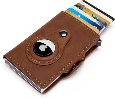 Pasjeshouder met AirTag Houder - Leer - Pasjeshouder Uitschuifbaar - Bruin - Cardholder - Portemonnee Heren & Dames - Kaarthouder met plek voor Airtag - Portefeuille - DELAGO