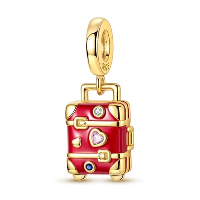 Fler® | Bedel | Past op populaire bedelarmbanden (standaard - 3mm) | Rode Koffer Bedel | Hangbedel Charm | 925 sterling zilver | Transparante, Blauwe & Roze zirkonia | Rode emaille | Valentijnsdag Cadeau | Sinterklaas kado | Kerstcadeau | Verjaardag